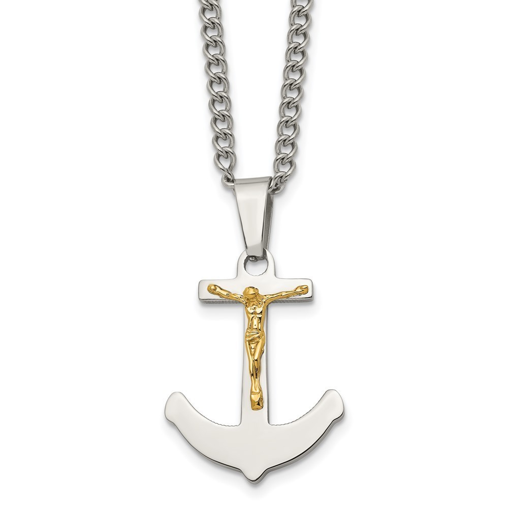 Chisel Stainless Steel 14k Gold Crucifix Anchor Charm w 24" Curb Chain Necklace